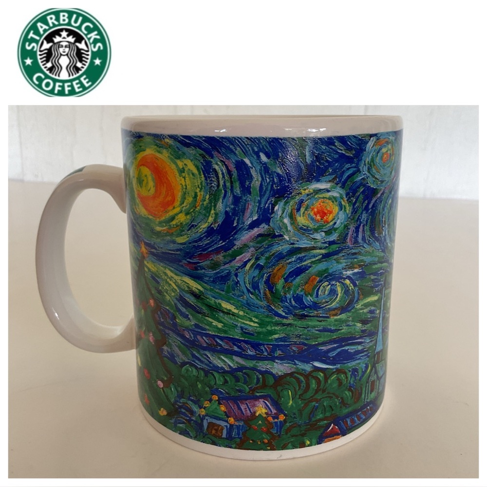 STARBUCKS 2000 BARISTA VAN GOGH STARRY NIGHT CHRISTMAS TREE LARGE MUG 18 OZ